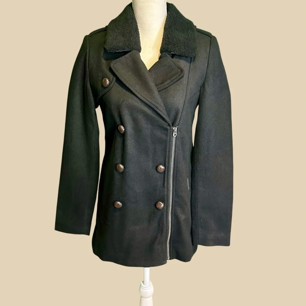 NWT Members Only Fur Collar Black Wool-Blend Double-Breasted Pea Coat Sz Small